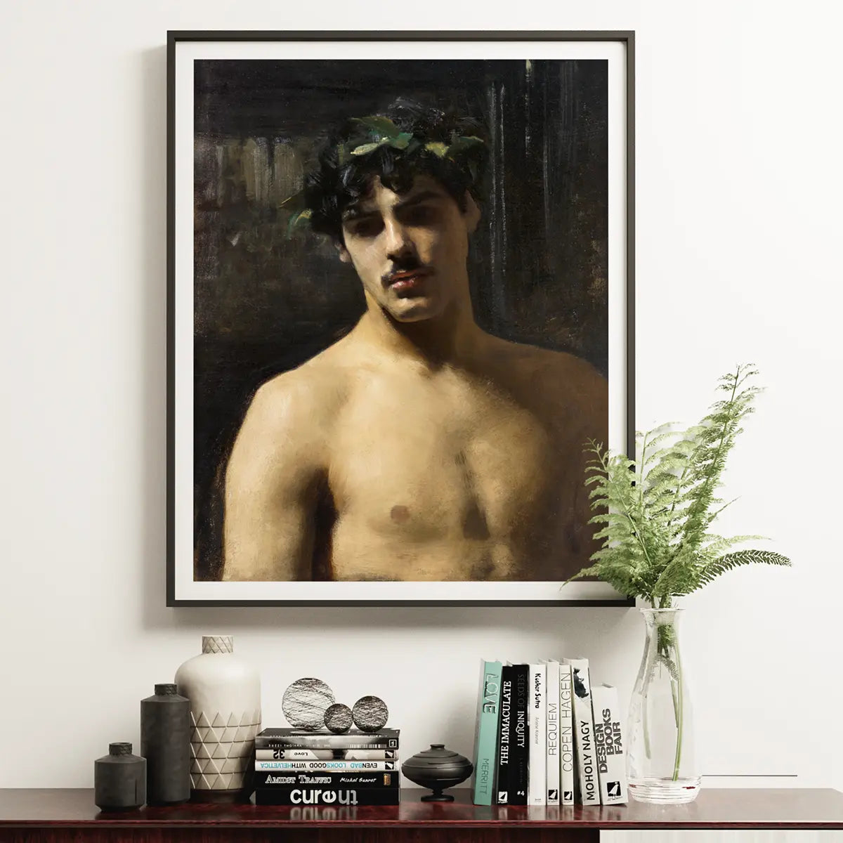 Framed portrait of a man with laurel wreath in John Singer Sargent’s male nude art.