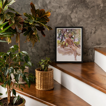 Man and Trees John Singer Sargent Art Print, Framed Watercolor Artwork Wooden Stairs Alongside Potted Plants