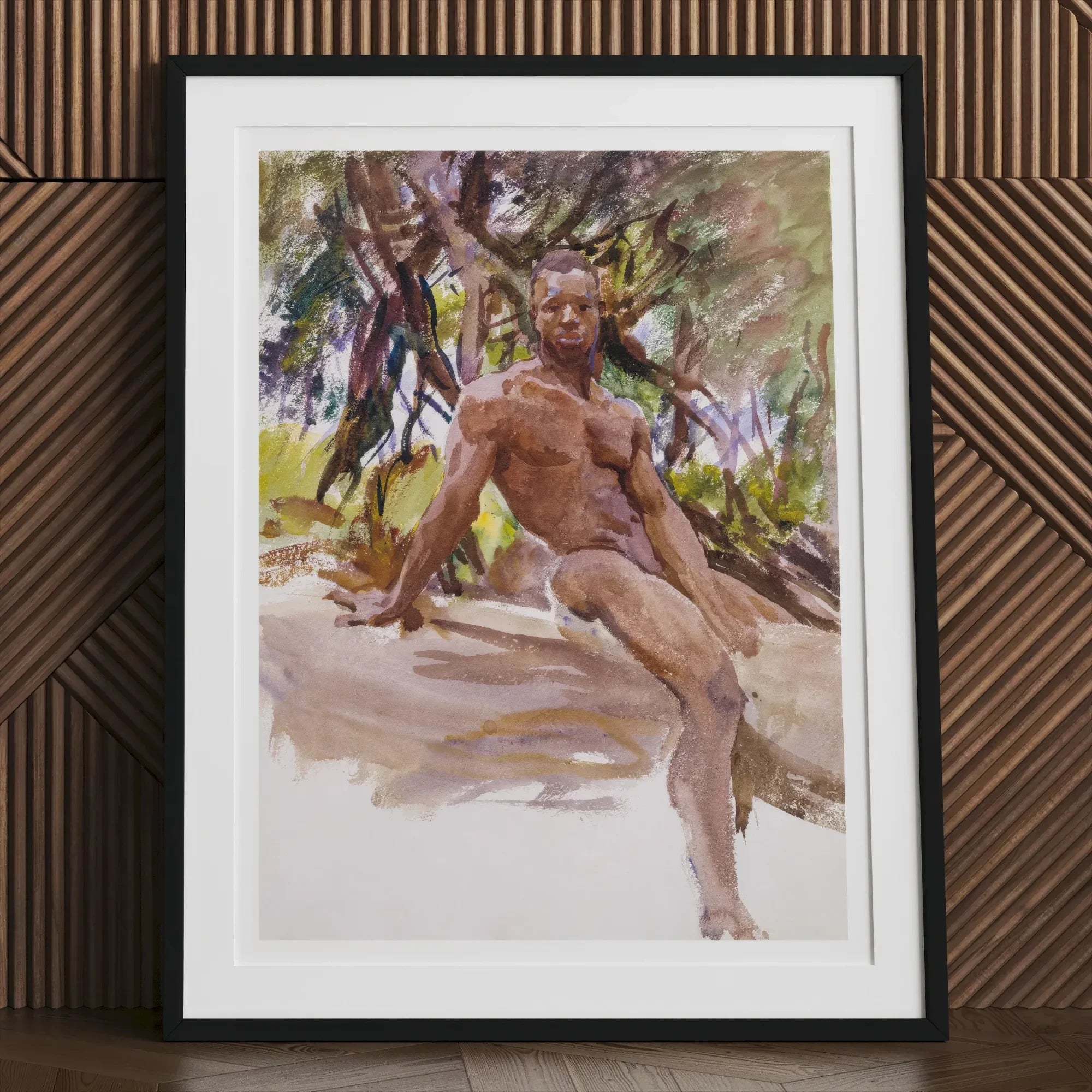 Man and Trees John Singer Sargent Art Print, Framed Watercolor Painting Nude Male Figure Seated Natural
