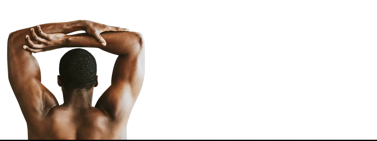 Muscular male nude back and arms stretching with iPhone case, ideal for art history enthusiasts