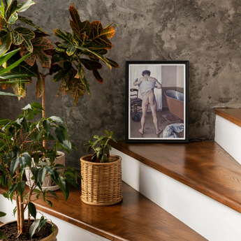 Man at His Bath - Gustave Caillebotte Nude Art Print, Framed Black White Photograph Wooden Stairs Alongside Potted