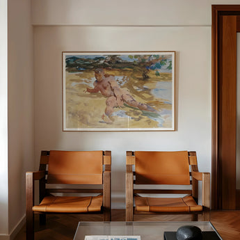 Nude Man on Beach - John Singer Sargent Art Print, Two Mid-century Modern Leather Chairs Wooden Frames Positioned
