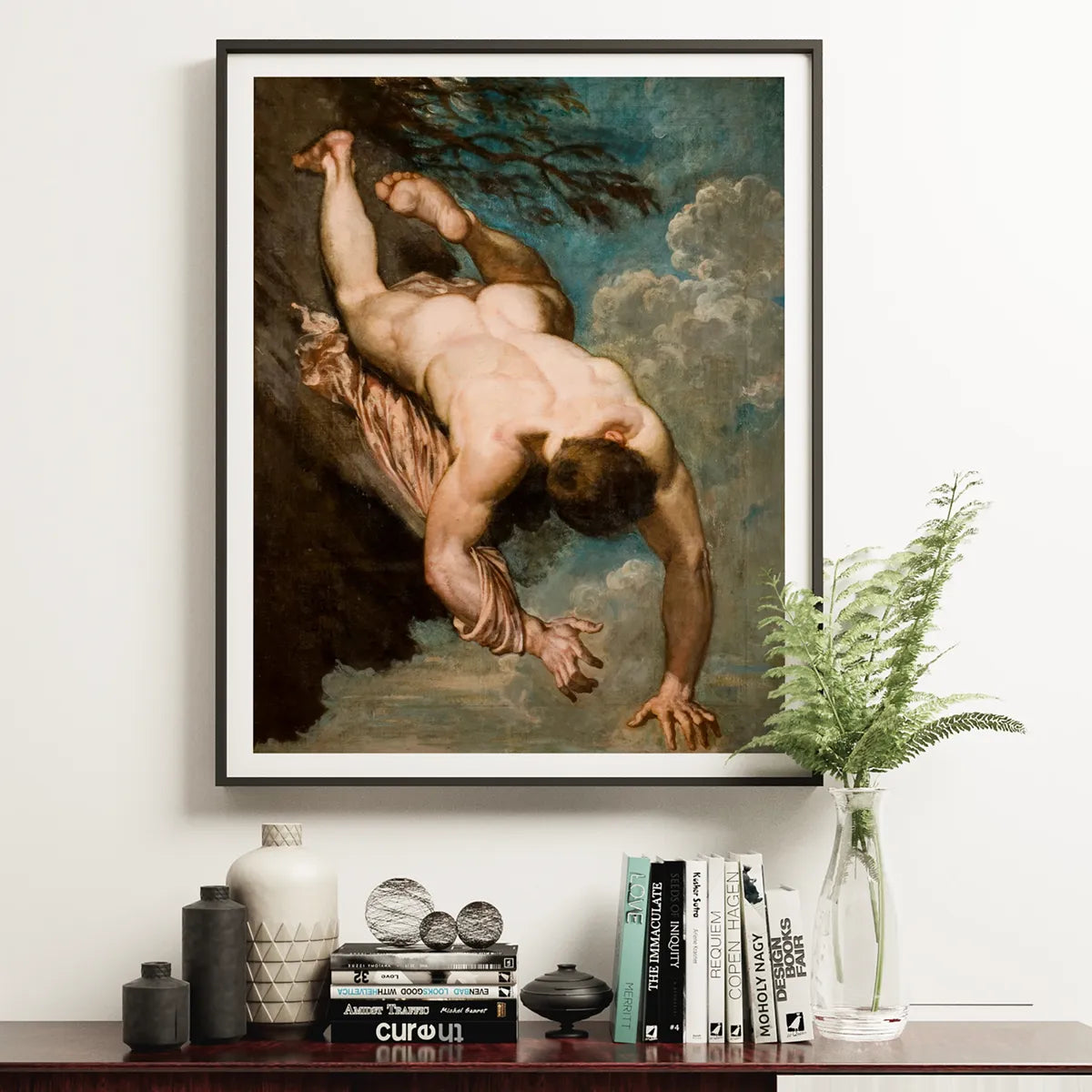 Framed painting of a nude man falling, showcasing William Etty’s 19th century male nudes