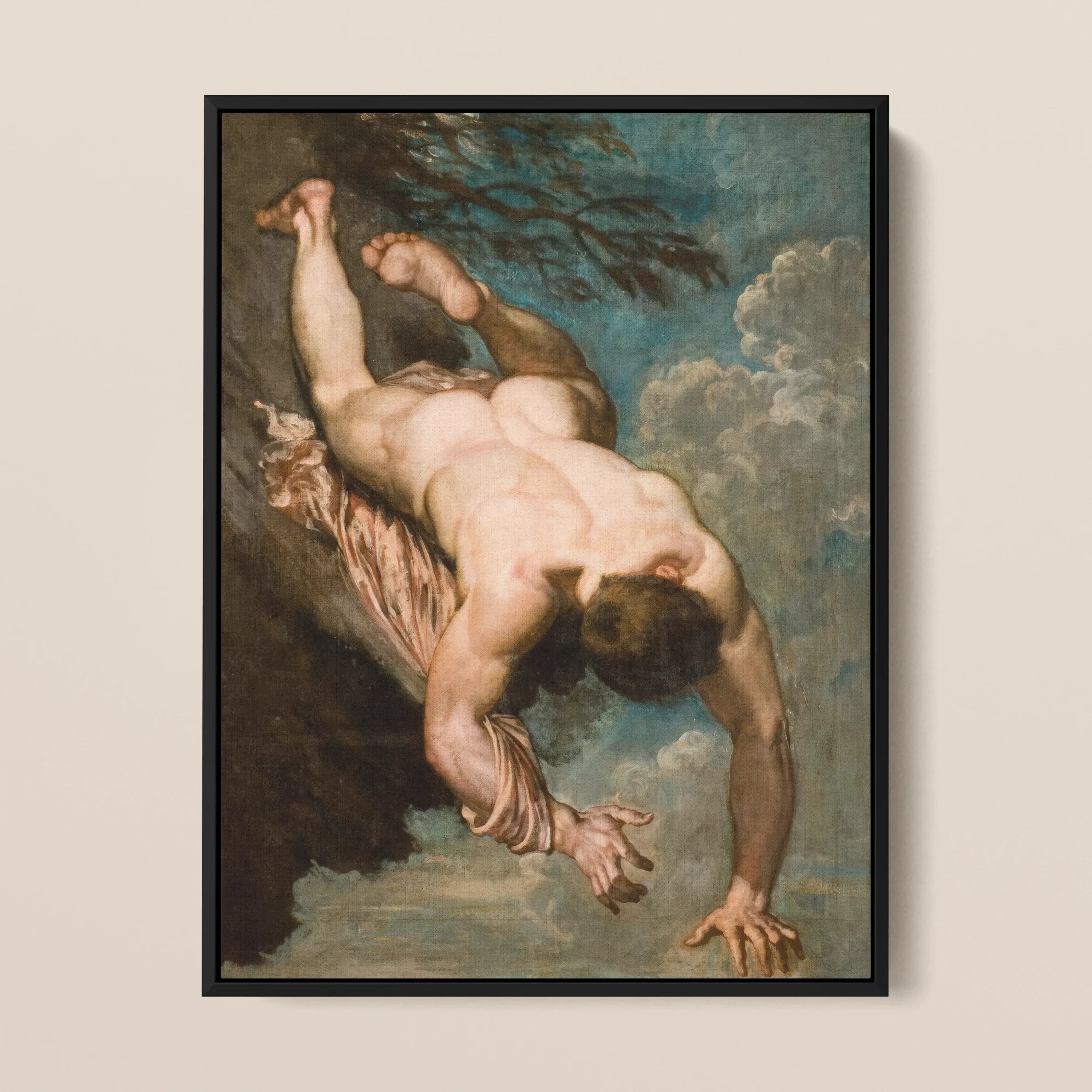 Manlius Hurled from the Rock - William Etty Framed Canvas, Nude Male Figure Cloudy Sky