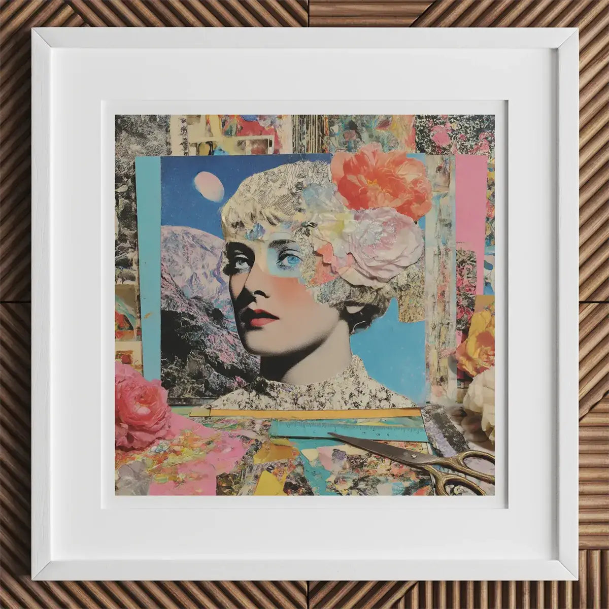 Framed mixed media collage art showcasing fabric collage and assemblage art techniques