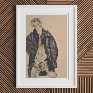 Masturbation - Egon Schiele Art Print, Framed Portrait Man Dark Coat Possibly Self-portrait