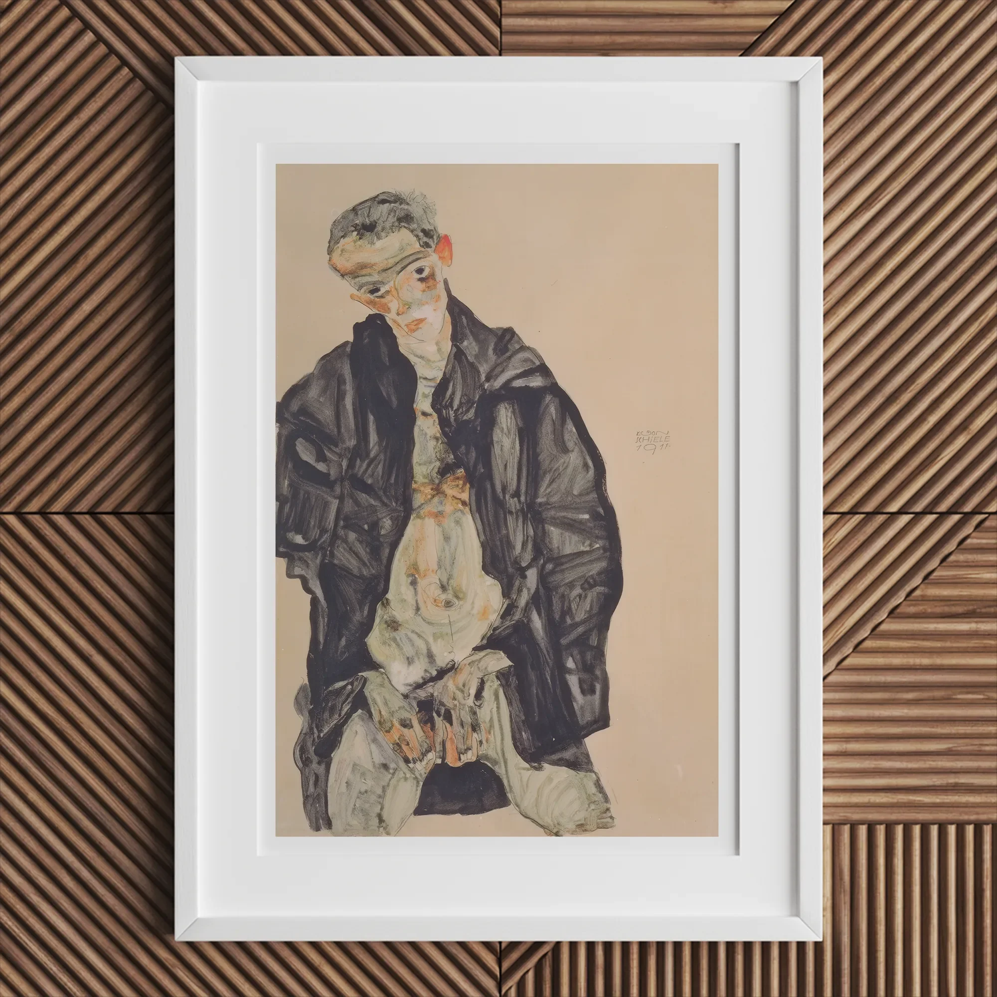 Masturbation - Egon Schiele Art Print, Framed Portrait Man Dark Coat Possibly Self-portrait