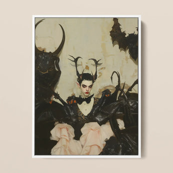 Memnoch - Gay Ancient Vampire Framed Canvas, 12x16’’ / 31x41cm / White Floating Frame, Painting Person Dark Horns Elf Ears Black Tuxedo