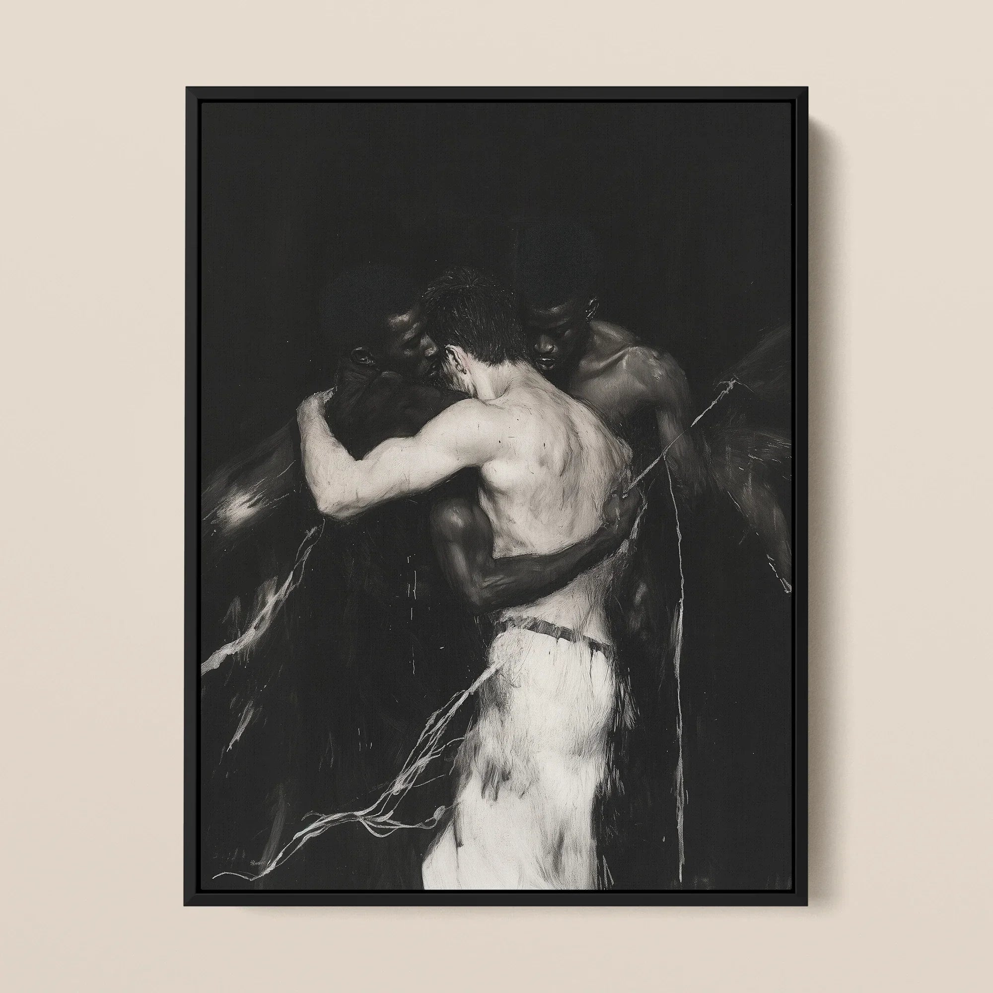 Middleman - Interracial Gay Lovers Framed Canvas, 12x16’’ / 31x41cm / Black Floating Frame, Framed Monochrome Figurative Painting