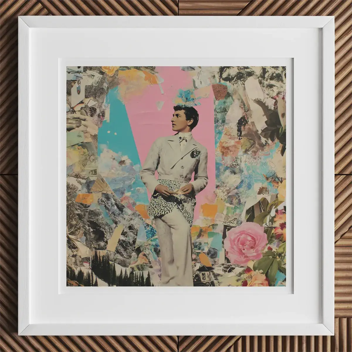 Framed mixed media collage art showcasing fabric collage and assemblage techniques