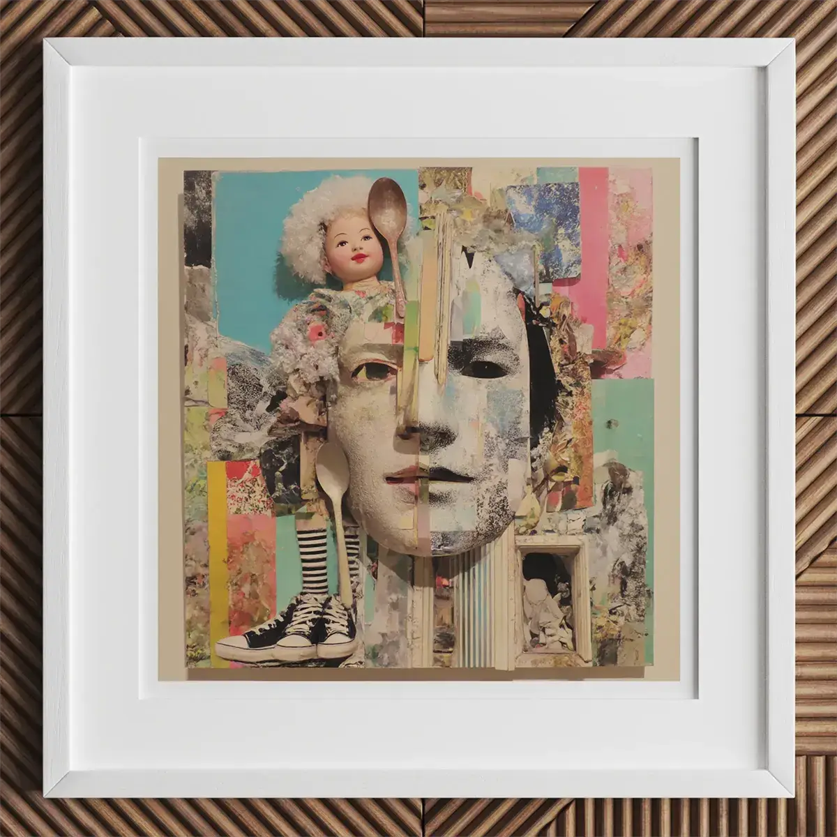 Framed mixed media collage artwork showcasing fabric collage and assemblage art techniques