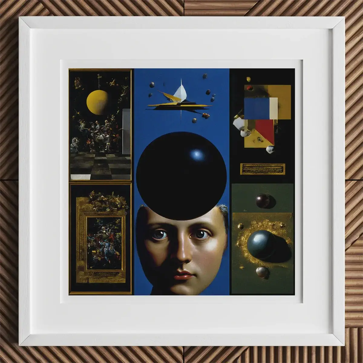 Framed surrealist collage symbolizing mad genius and the tortured artist’s mind