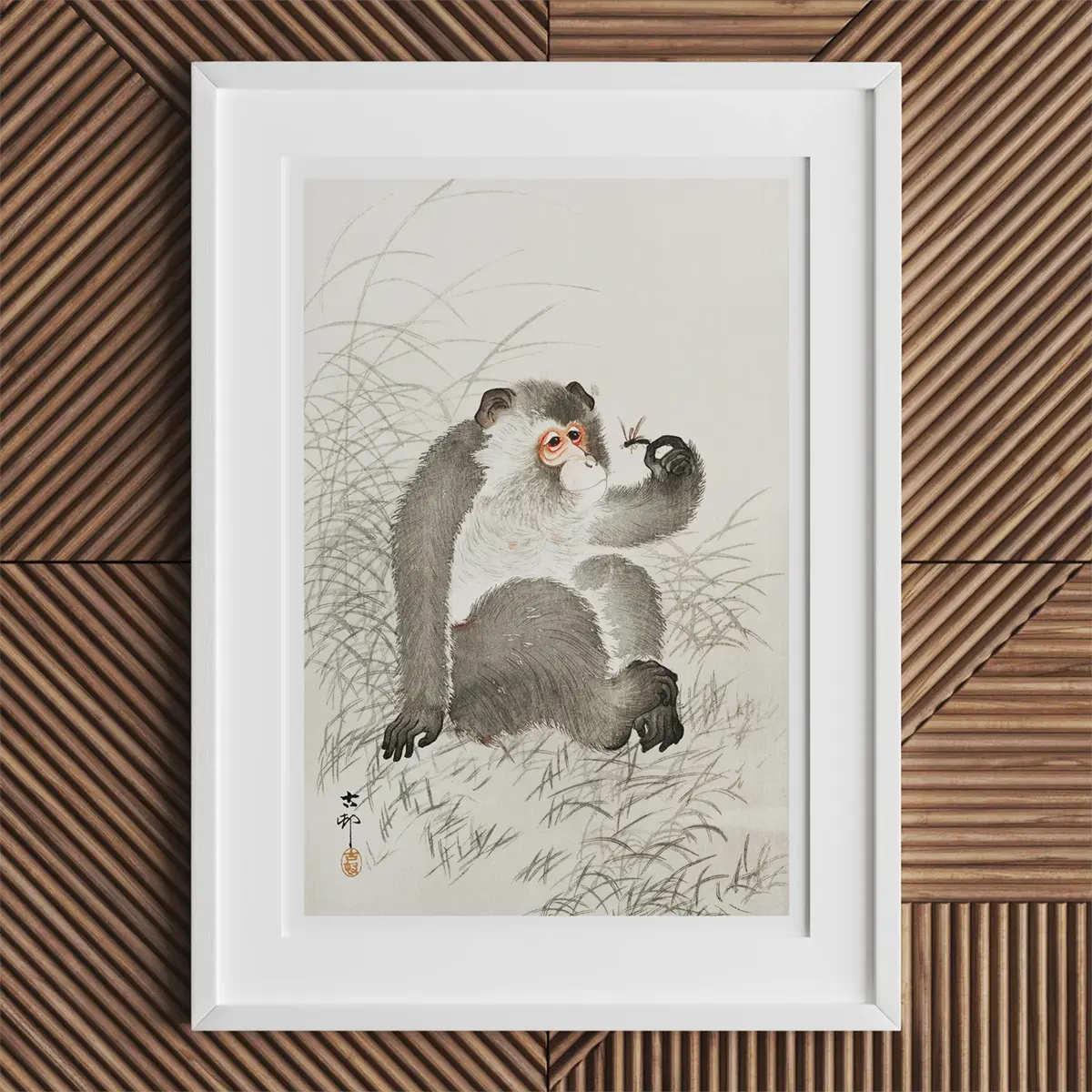 Framed monkey illustration by Ohara Koson from the Shin-hanga movement in Japanese woodblock.