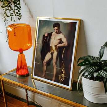 Muscle Mary Neoclassical Gay Male Art Print, Framed Artistic Photograph Muscular Figure Gold Shorts Dramatically