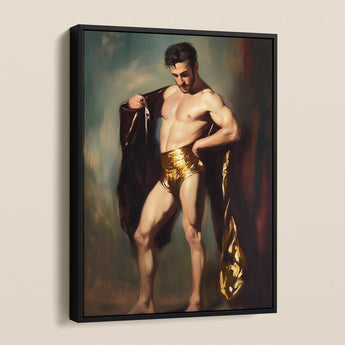 Muscle Mary - Neoclassical Gay Male Framed Canvas, Framed Portrait Painting Muscular Figure Gold Shorts Dark
