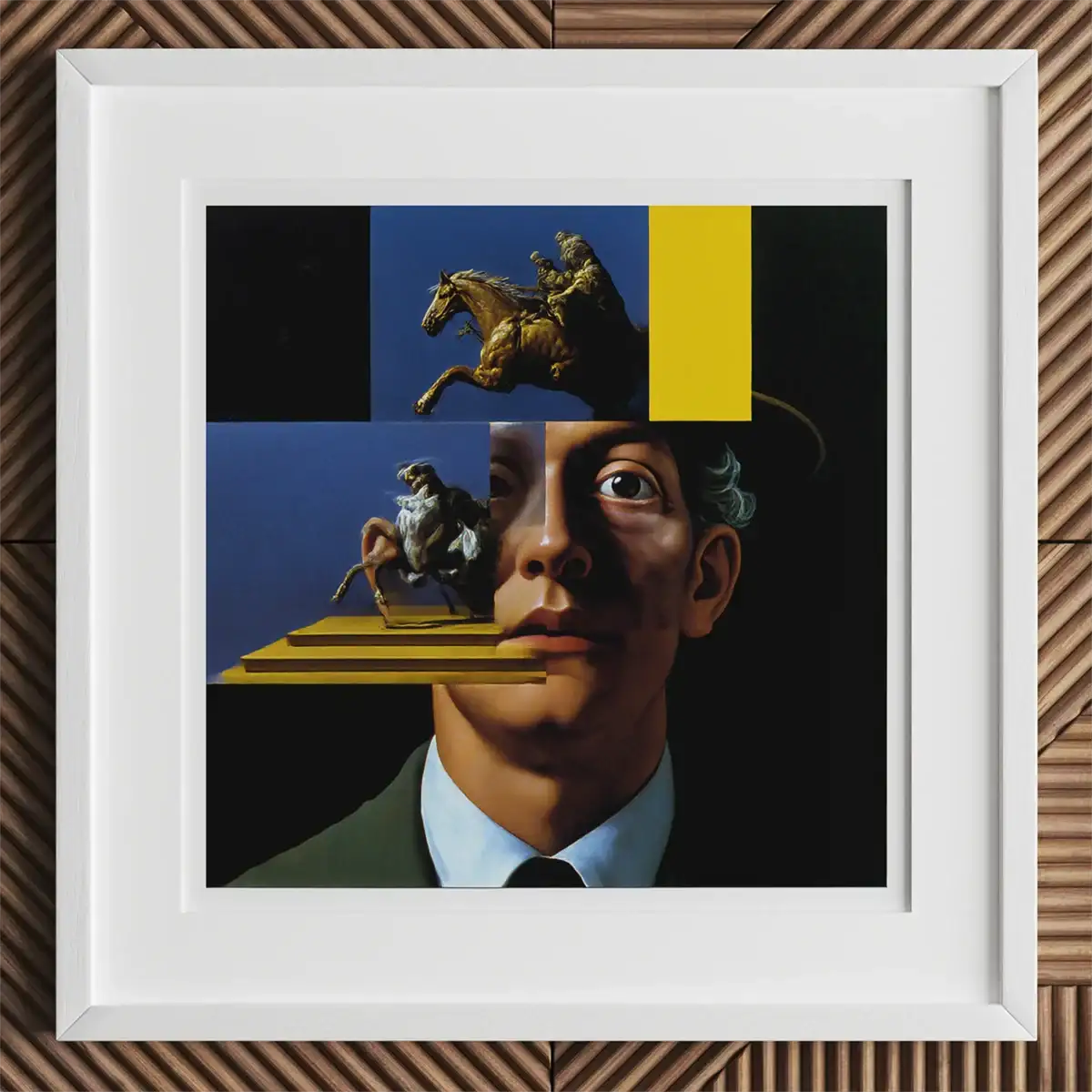 Framed surrealist portrait of a tortured artist inspired by Van Gogh and mad genius themes