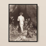 Naked Man Entering Cave - Wilhelm Von Gloeden Framed Canvas, Black White Photograph Nude Figure Camera Accompanied Seated