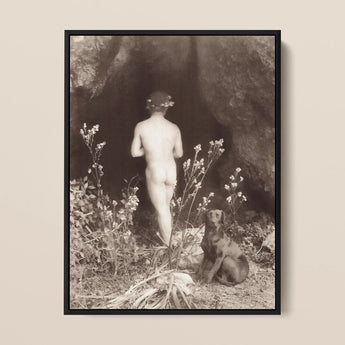 Naked Man Entering Cave - Wilhelm Von Gloeden Framed Canvas, Black White Photograph Nude Figure Camera Accompanied Seated