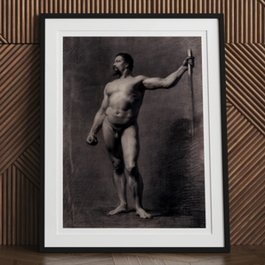 Naked Man with Spear - Mariano Fortuny Marsal Art Print, Framed Black White Print Nude Man