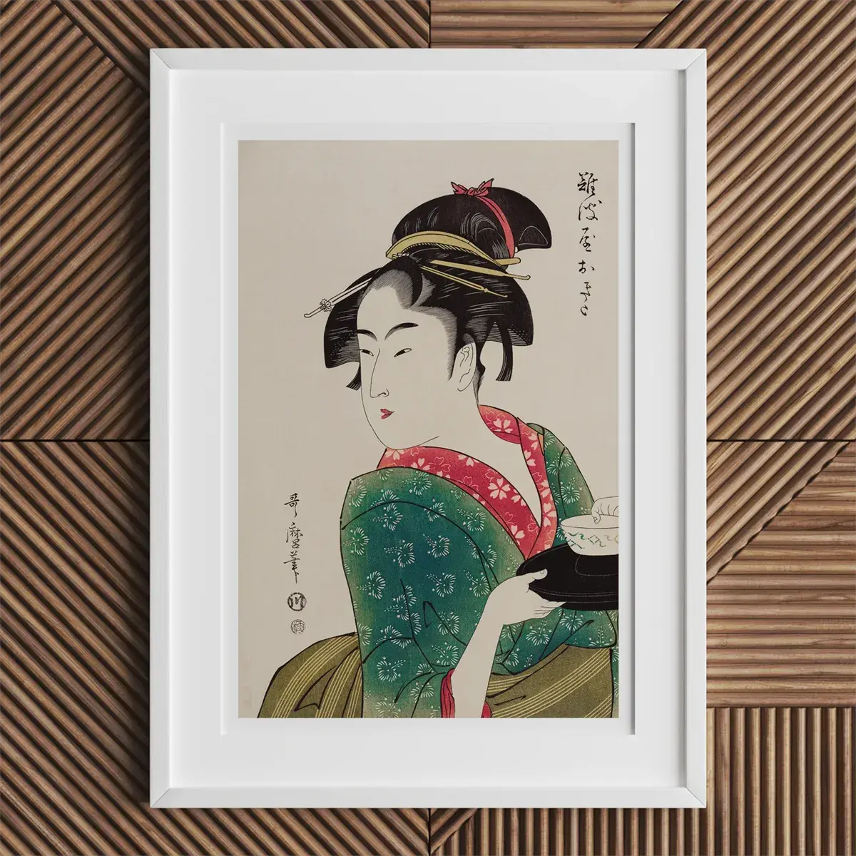 Framed portrait of a Japanese woman in Kitagawa Utamaro’s ukiyo-e style.
