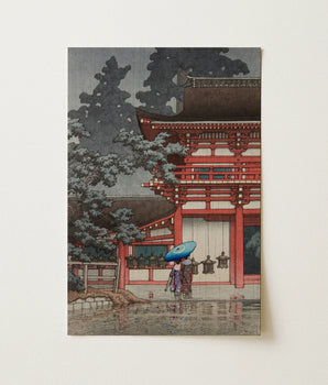 Kasuga Shrine Nara - Kawase Hasui Fine Art Print / Canvas Traditional Japanese Woodblock Red Torii Gate Dark, Nara’s Cedar Canopy, Holds,