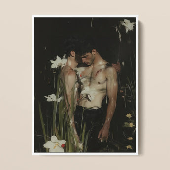 Nature / Nurture - Secret Gay Lovers Framed Canvas, 12x16’’ / 31x41cm / White Floating Frame, Framed Art Print Two Shirtless Men Field White