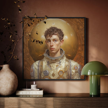 Noah - Handsome Gay Astronaut Art Framed Canvas, Portrait Young Astronaut Curly Hair Golden Background Adorned