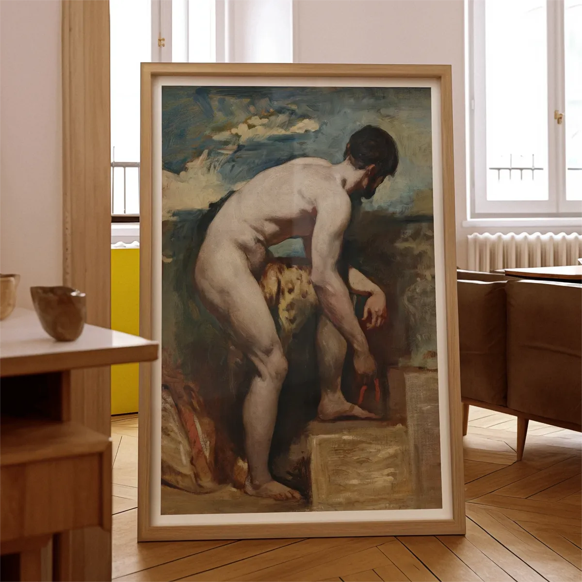 Framed nude male figure painting by William Etty, showcasing 19th century artistry.