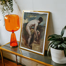 Nude Man Tying His Sandal - William Etty Art Print, Orange Glass Table Lamp Ribbed Base Smooth Shade