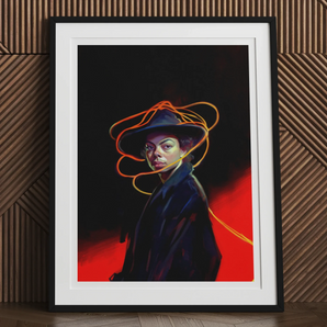 Nyx - Gay Witch Art Print, Framed Portrait Painting Figure Hat Neon Lines Head