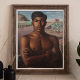 O Mestico - Candido Portinari Brazilian Art Print, Framed Portrait Painting Shirtless Young Man Expression Stylized