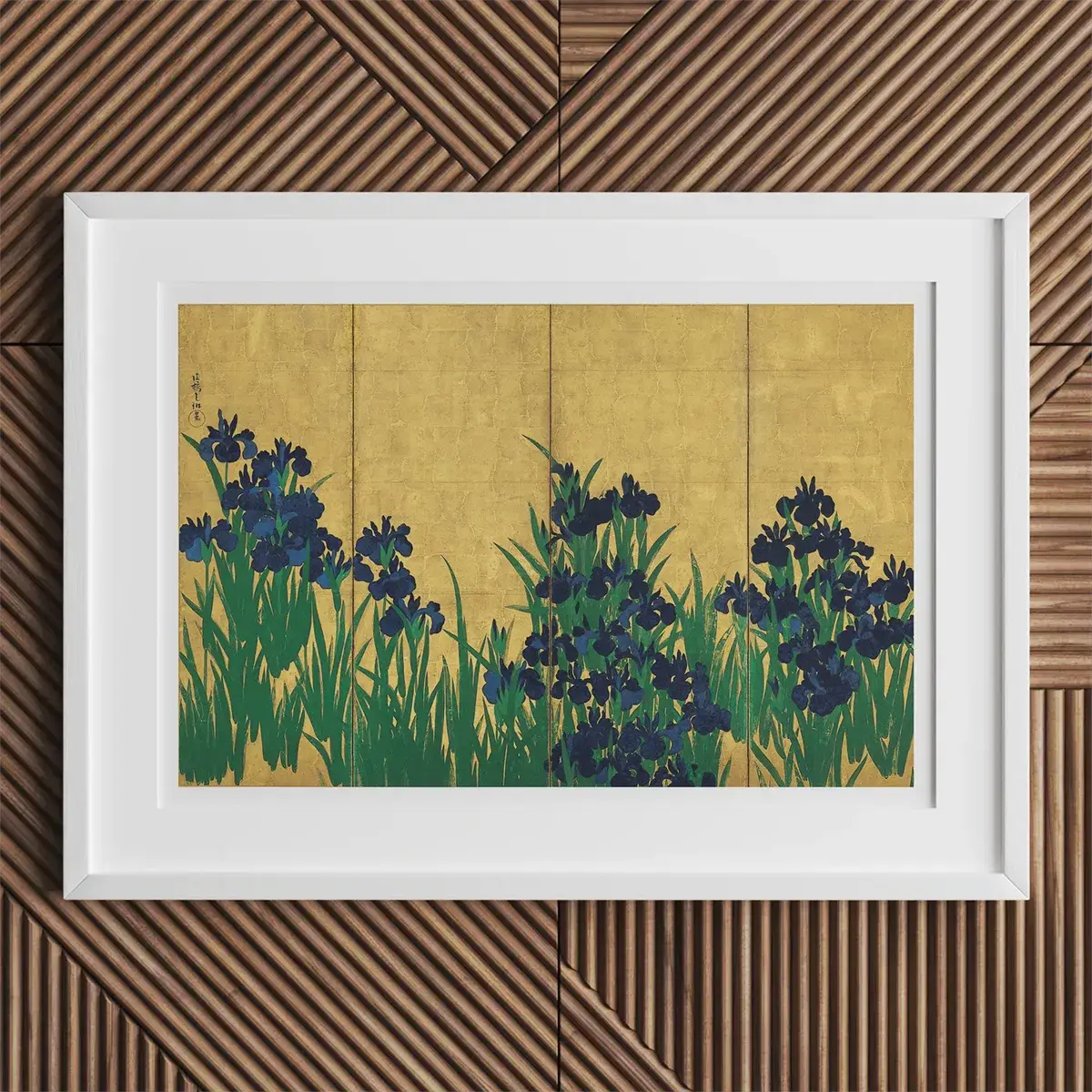 Framed Iris Painting by Kamisaka Sekka showcasing Rinpa School techniques