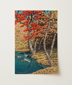 Autumn at Oirase - Kawase Hasui Fine Art Print / Canvas Forest Scene Woodblock Vibrant Red Gold, Crimson Momiji Spiral, River Carries,