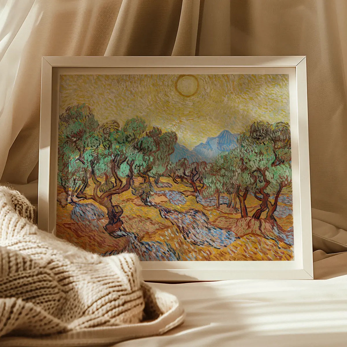 Framed Van Gogh Olive Grove painting showcasing Vincent van Gogh’s unique style.