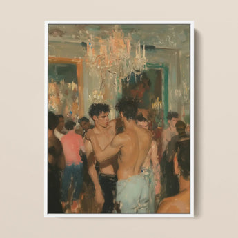 Party Animals - Sweaty Gay Lovers Framed Canvas, 12x16’’ / 31x41cm / White Floating Frame, Oil Painting Men Grand Room