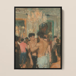 Party Animals - Sweaty Gay Lovers Framed Canvas, 12x16’’ / 31x41cm / Black Floating Frame, Impressionistic Painting Shirtless Men