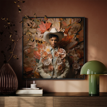 Pascal - Black Gay Femboy Cowboy Framed Canvas, Framed Floral Cowboy Portrait