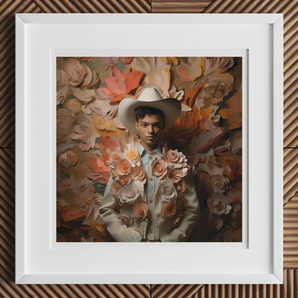 Pascal - Black Gay Femboy Cowboy Art Print, 12x12’’ / 31x31cm / White Frame / 2’’ Matboard, Framed Artwork Figure Cowboy Hat Surrounded
