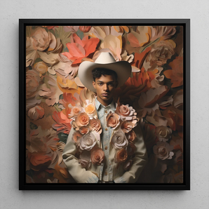 Pascal - Black Gay Femboy Cowboy Framed Canvas, 12x12’’ / 31x31cm / Floating Frame, Framed Floral Cowboy Portrait