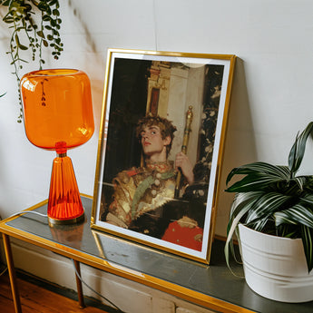 Peeking - Royal Gay Renaissance Art Print, Framed Photograph Console Table Alongside Orange Glass Lamp