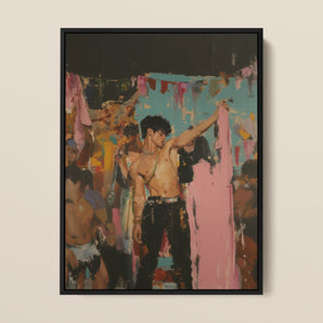 Pin-up - Queer Rajasthani After Party Framed Canvas, 12x16’’ / 31x41cm / Black Floating Frame, Framed Painting Shirtless Man Crowd