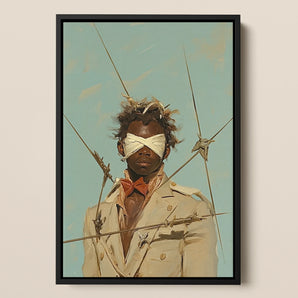 Pinpoint Surreal Black Dandy Outlaw Framed Canvas, Framed Portrait Blindfolded Man