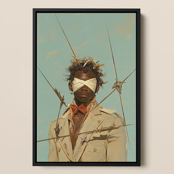 Pinpoint Surreal Black Dandy Outlaw Framed Canvas, Framed Portrait Blindfolded Man