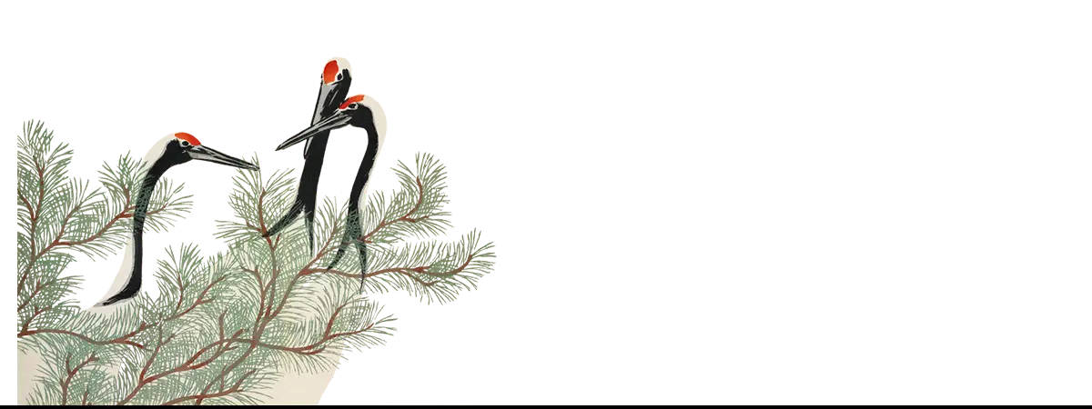 Cranes in a pine tree art print showcasing Kōno Bairei style by Taguchi Tomoki