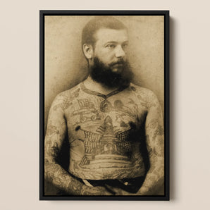 Portrait of Tattooed Man - Charles Eisenmann Framed Canvas, Sepia-toned Portrait Heavily Tattooed Bearded Man