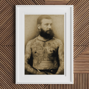 Portrait of Tattooed Man - Charles Eisenmann Art Print, Framed Sepia-toned Photograph Heavily Tattooed Man Beard