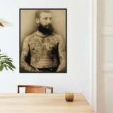 Portrait of Tattooed Man - Charles Eisenmann Framed Canvas, Framed Sepia-toned Photograph Heavily Tattooed Bearded Man