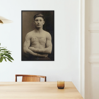 Portrait of a Tattooed American Soldier Framed Canvas, Framed Sepia Toned Portrait Bare Chested Man Tattoos