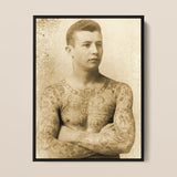 Portrait of a Tattooed Man - Charles Eisenmann Framed Canvas, Vintage Sepia-toned Photograph Heavily Tattooed Man Arms Crossed