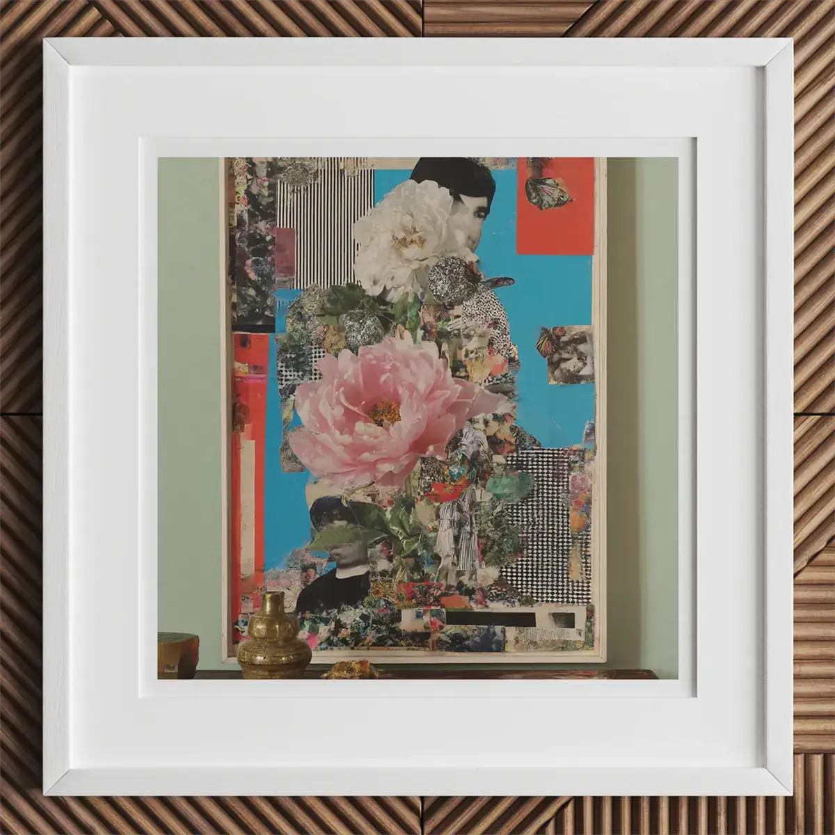 Framed floral collage art showcasing mixed media collage and fabric collage techniques